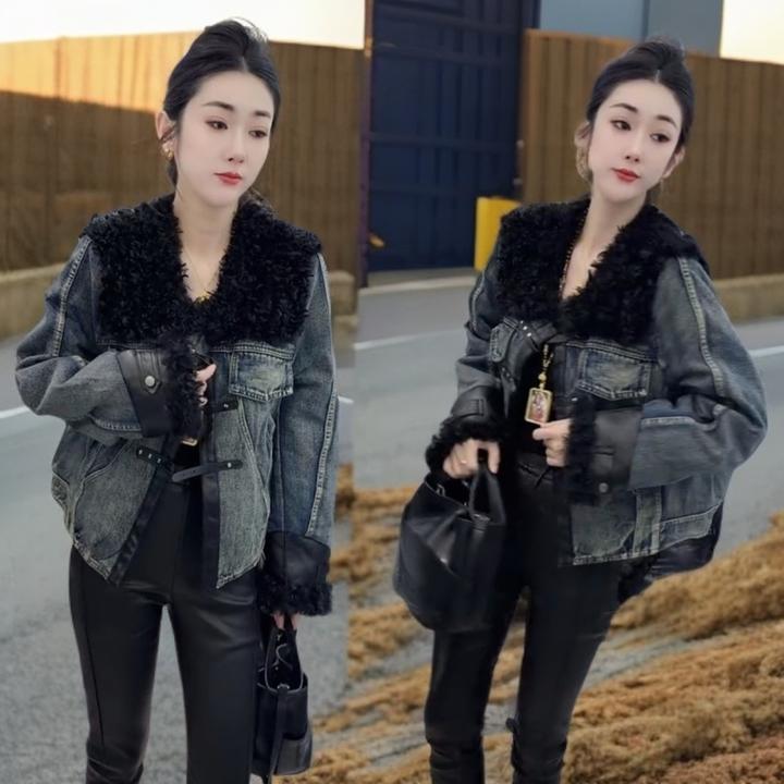 潮流洋气欧洲站2025年秋冬时尚新款牛仔拼接毛毛减龄长袖款外套女