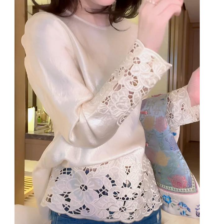 新中式国风下摆镂空上衣2025新款春季简约圆领时尚内搭外穿打底衫