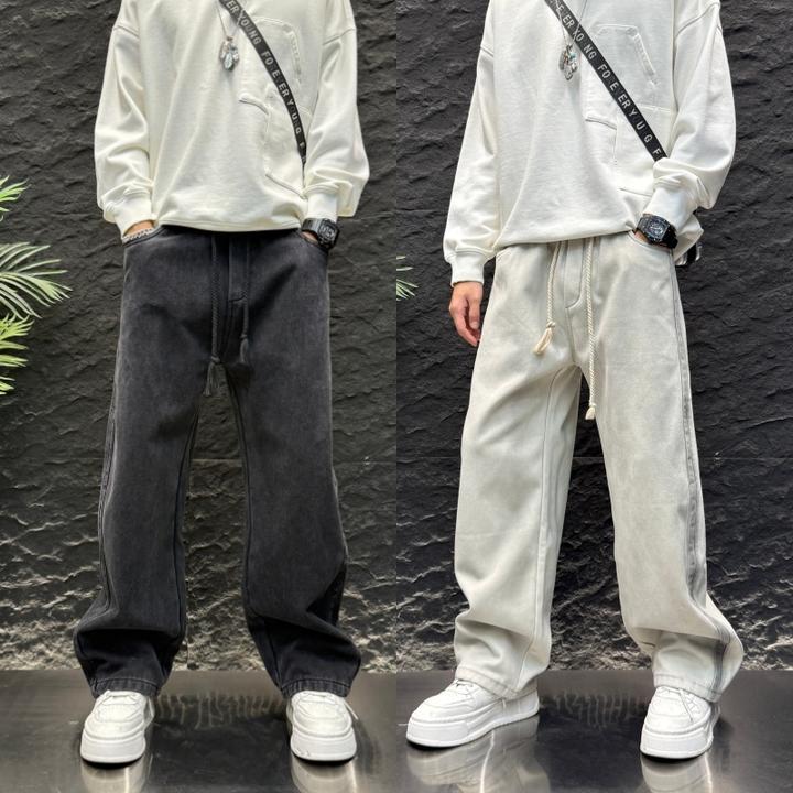 男款秋冬长裤纯色直筒宽松型长裤百搭阔腿裤加绒款舒适休闲牛仔裤