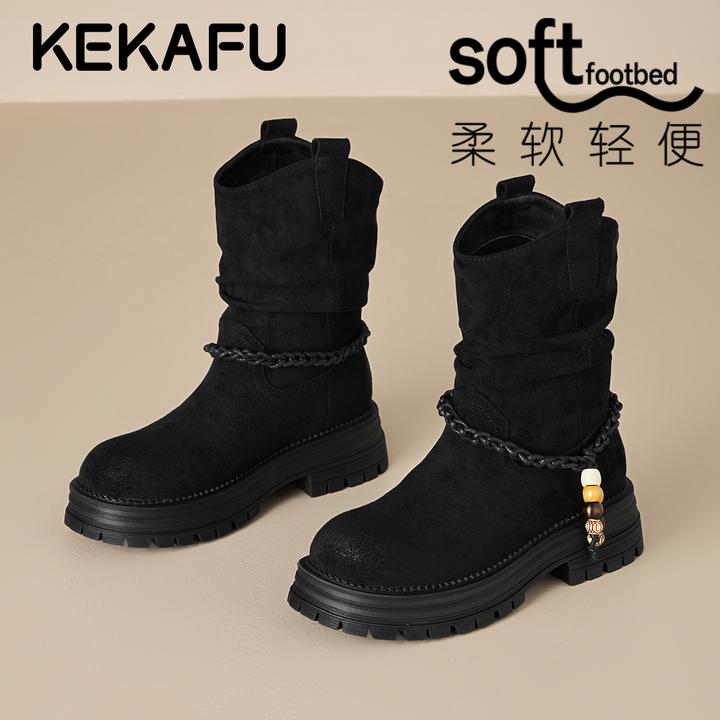 珂卡芙复古显瘦厚底堆堆靴女2025秋季新款小个子增高美拉德短靴子