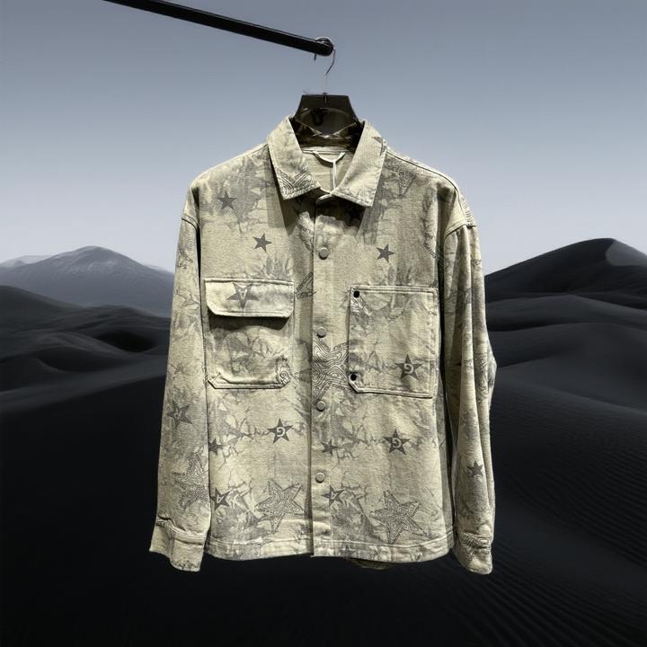 巴赛娜缇时尚印花男士美式复古牛仔衬衫夹克秋季潮流小香风外套潮