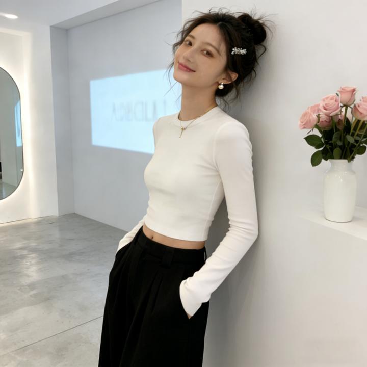 2026早春洋气短款小众上衣设计感紧身修身高腰潮打底衫女t恤长袖