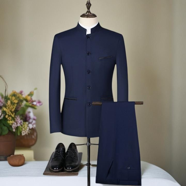 男士中山装两件套韩版修身立领职业装工装礼服唐装工作服套装