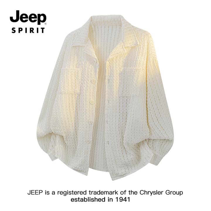 JEEPSPIRIT吉普老钱风衬衫男款秋季纯色翻领宽松衬衣镂空针织外套