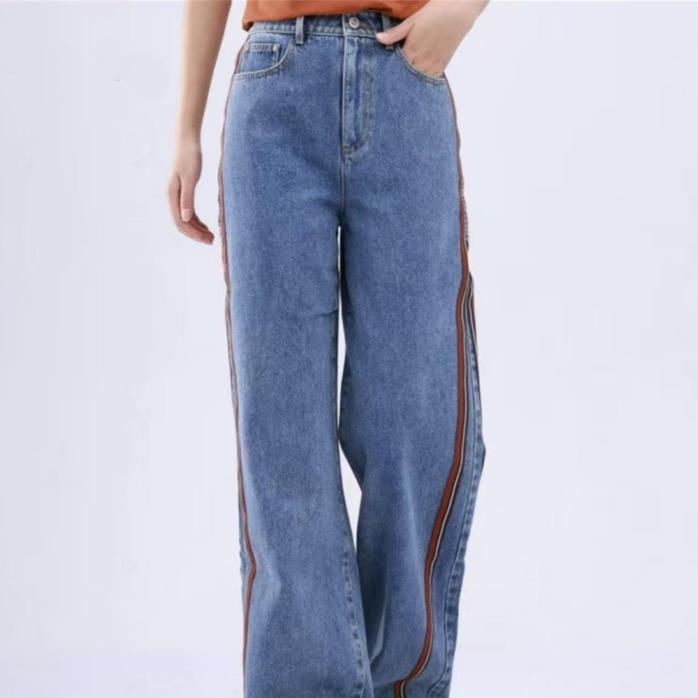 职业阿玛诗官2025秋冬新款高腰侧条纹拼接宽松牛仔裤女休闲裤长裤