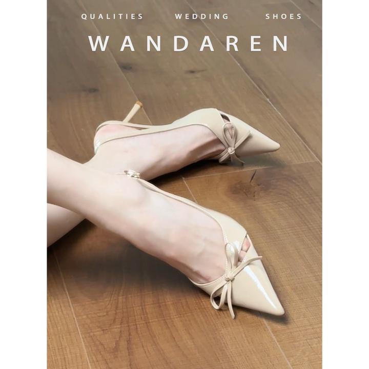 法式尖头细跟裸色高跟鞋女2025爆款洋气蝴蝶结不累脚高级感凉鞋女