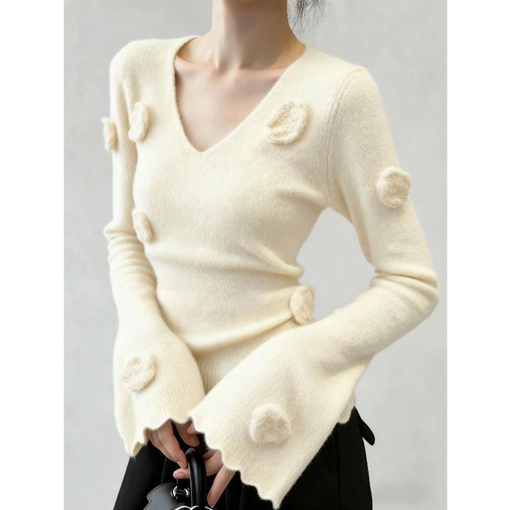 2025新款针织上衣巨好看的v领修身立体花朵设计感收腰毛衣秋冬女