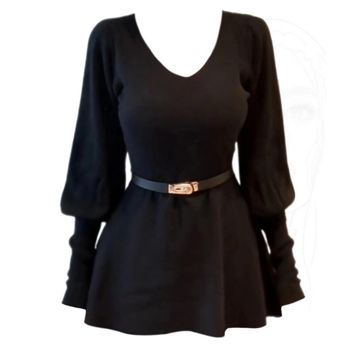 一然大码女装韩系气质V领灯笼袖针织衫秋冬设计感掐腰上衣13927