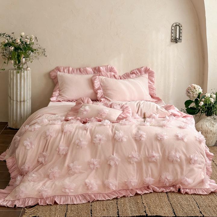 少女心立体花朵加厚牛奶绒四件套保暖珊瑚绒被套床单床上用品冬季