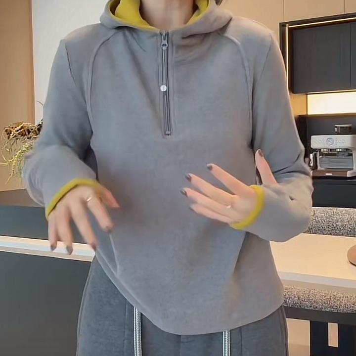 设计感半拉链双面绒加厚连帽卫衣女秋冬叠穿修身显瘦撞色拼接上衣