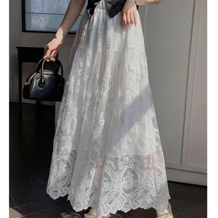 【现货-运费险】秋季新款拼接蕾丝中长款半身裙百搭显瘦大摆A字裙女