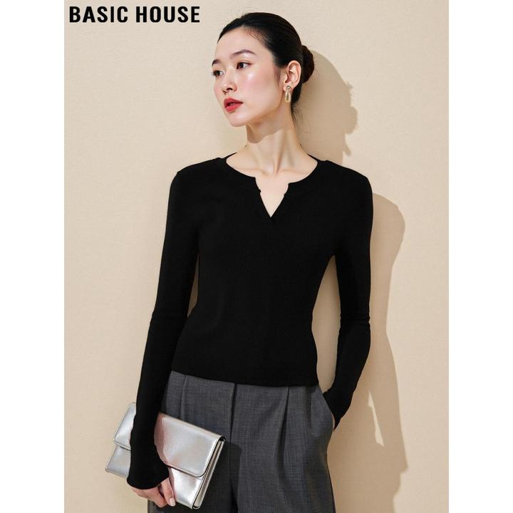 Basic House/百家好法式黑色V领长袖T恤女2025秋冬修身显瘦打底衫