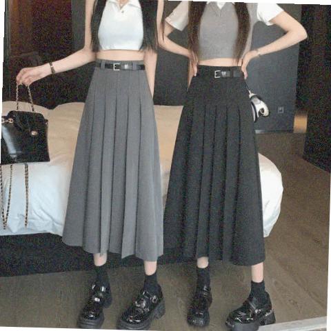 精品斜纹布隐形拉链腰带百褶裙半身裙小众设计感中长款纯色通勤厚