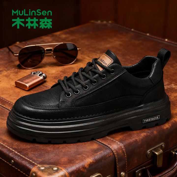 木林森男士黑色休闲皮鞋2025厚底男款保暖商务软底英伦风防滑