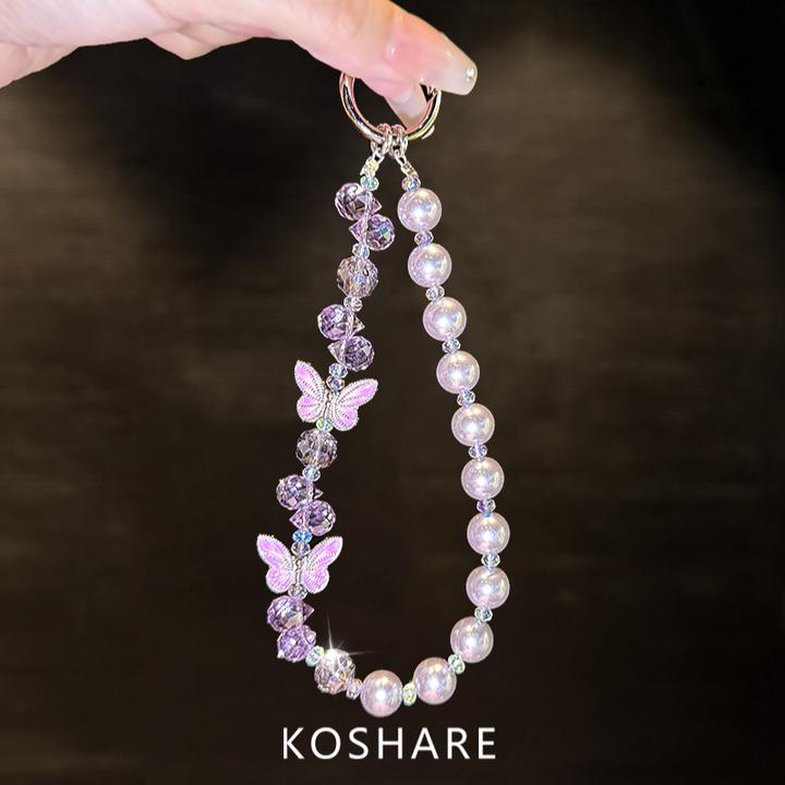 【烟雨粉蝶】初秋爆闪水晶珍珠斜挎可背手腕手机链挂绳高级感网红款