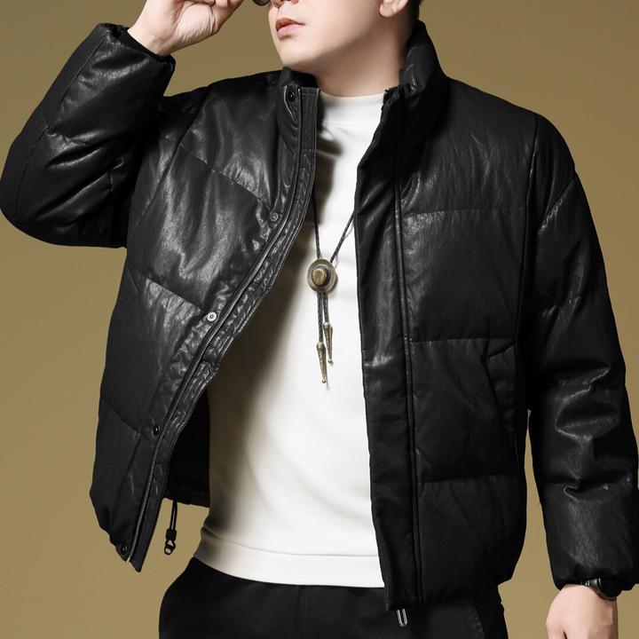 曼德西比利2025秋冬季时尚新款男士外套保暖立领pu皮羽绒服短款