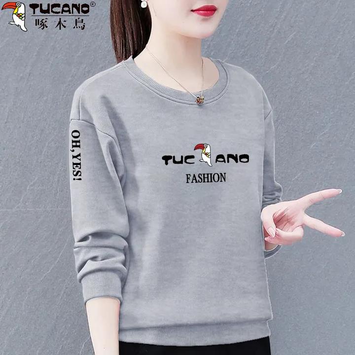 啄木鸟2025春秋季新款时尚纯棉加绒长袖卫衣女圆领宽松显瘦上衣女