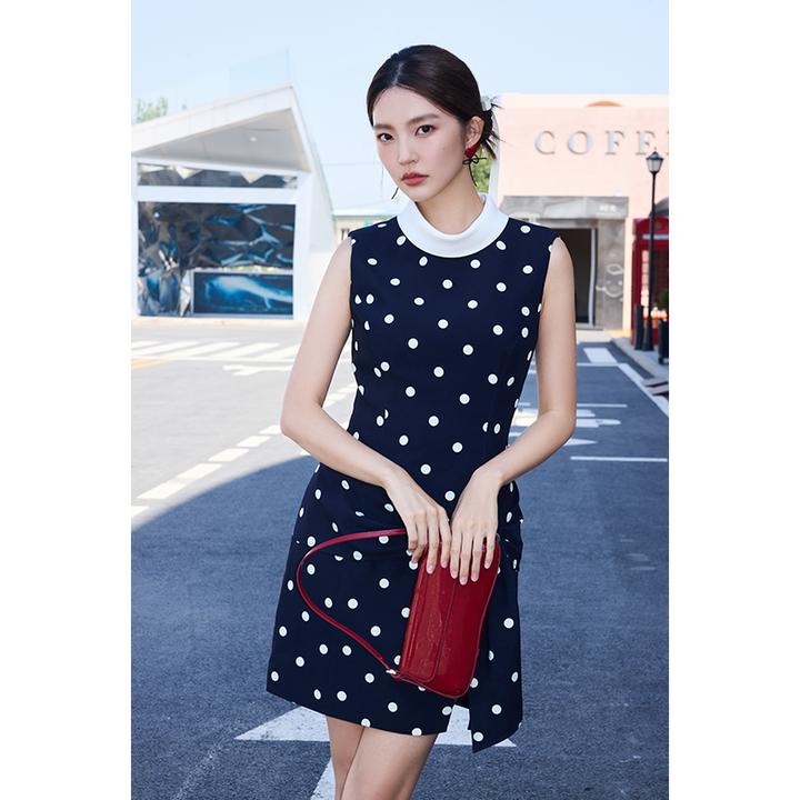 YES BY YESIR叶谦2025年夏新款复古波点印花环结解构无袖连衣裙