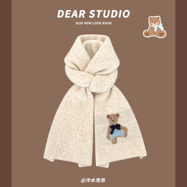 日系可爱小熊蝴蝶结针织围巾女秋冬季甜美保暖百搭学生毛线围脖潮