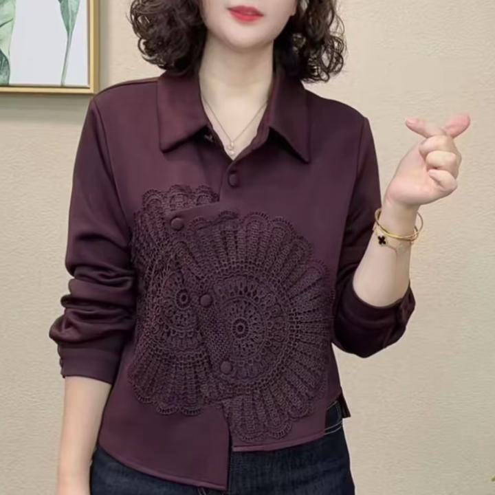秋季新款时尚洋气翻领长袖拼接新中式蕾丝显瘦减龄设计感纯色上衣