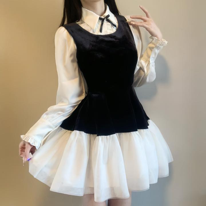 IQCQ韩系学院风套装秋冬小香风千金蝴蝶结衬衫丝绒背心连衣纱裙女