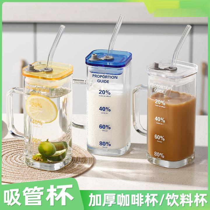透明家用玻璃果汁杯把手玻璃杯咖啡杯花茶方口杯牛奶四方杯早餐HR