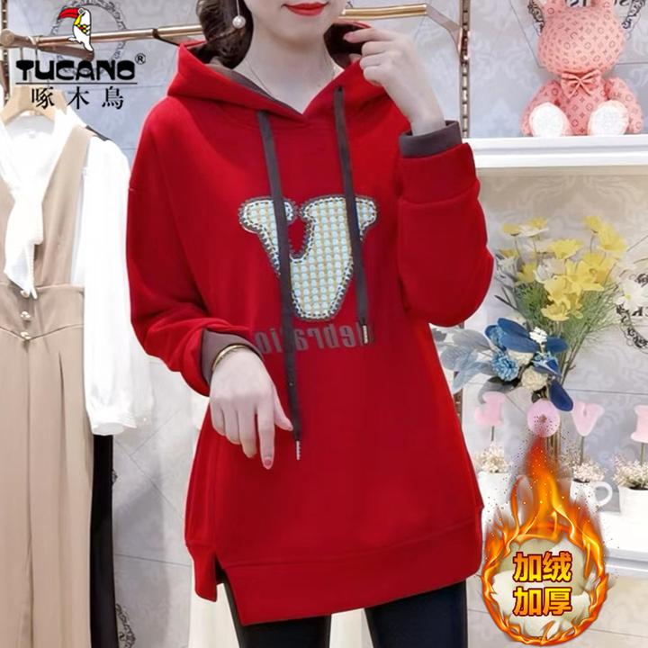 啄木鸟加绒加厚女士卫衣2025冬季洋气连帽中长款卫衣显瘦纯棉上衣