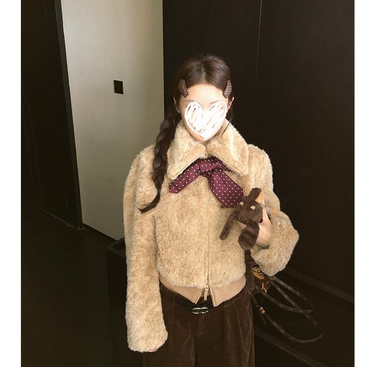 千金老钱毛毛拉链外套女秋冬小个子百搭宽松翻领上衣#W819