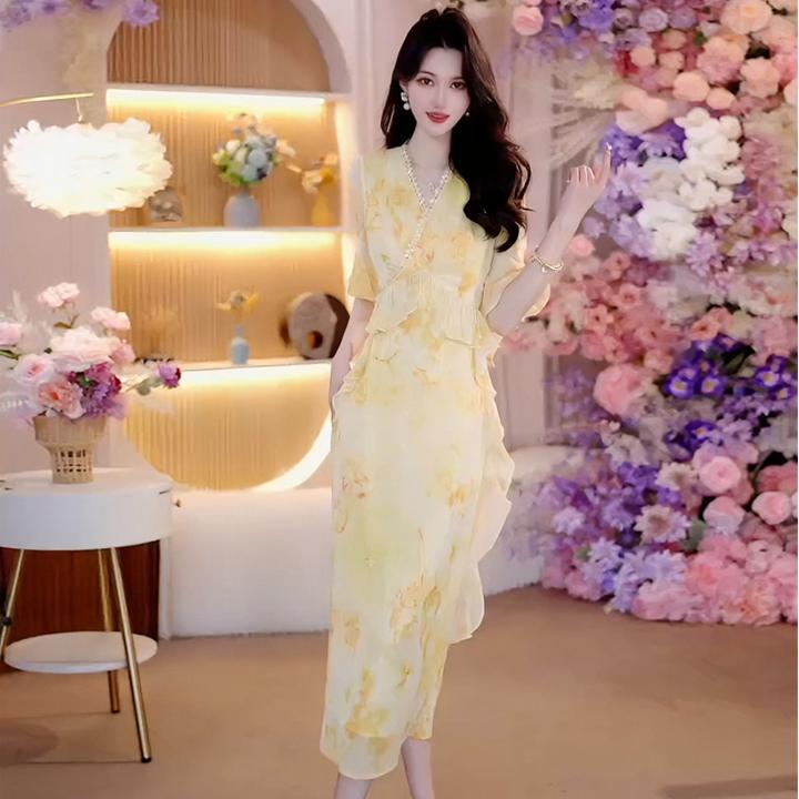 夏季新款气质黄色碎花裙显瘦时尚轻奢名媛修身女装短袖连衣裙6169