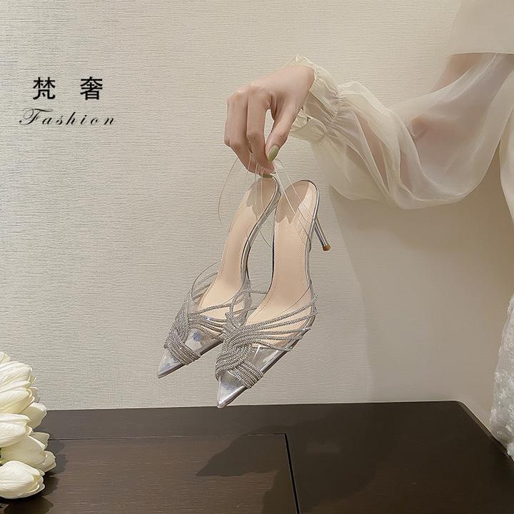 法式透明水钻尖头细跟高跟鞋外穿半拖鞋包头凉鞋女款2025新款爆款