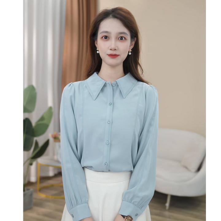 【早鸟价】淡蓝色长袖衬衫女轻奢设计感通勤职业衬衣8393071【清清】