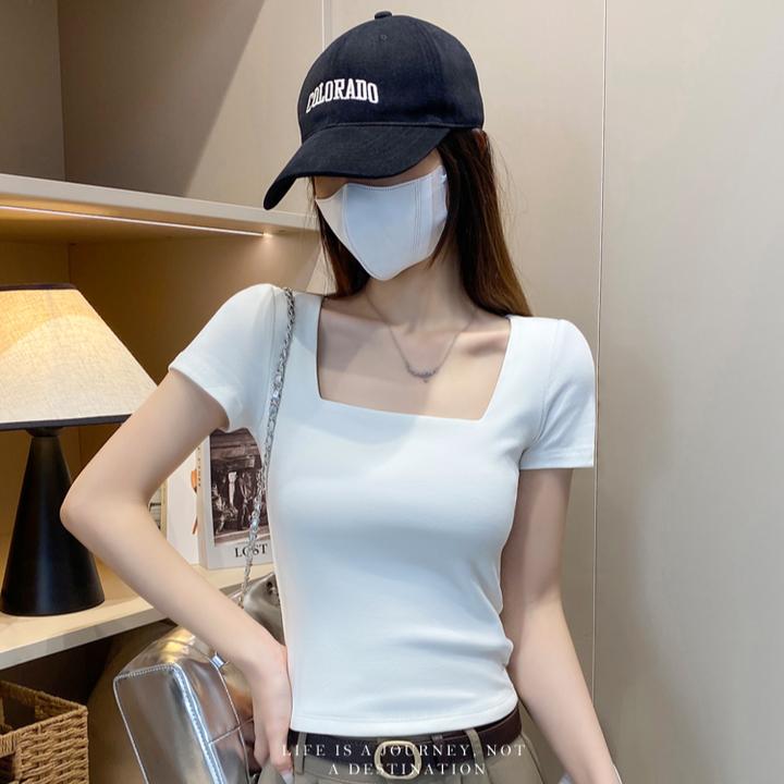 2025新款白色方领短袖t恤女夏季修身露锁骨打底衫内搭紧身u领上衣