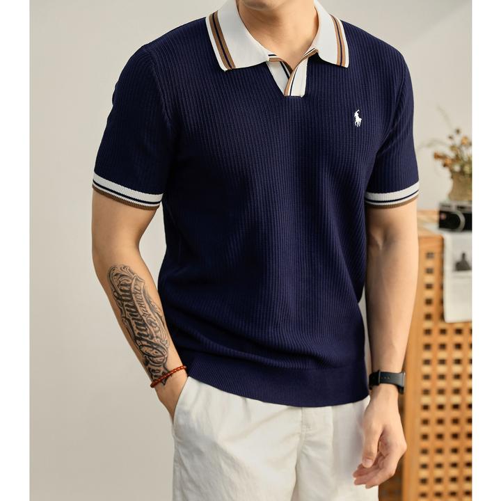 奥兰德保罗雅奢格调拼色条纹肌理Polo衫男冰爽丝骑士刺绣针织T恤