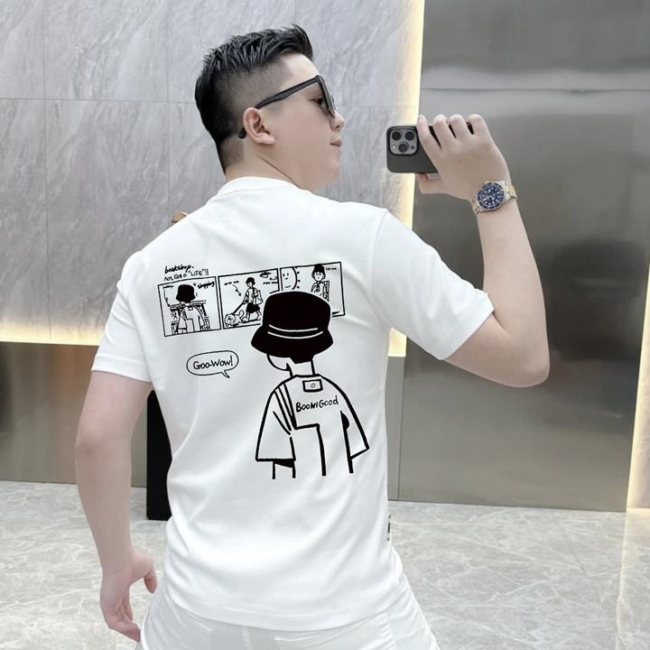 2025夏季新款小男孩印花休闲短袖T恤男士酒红色半袖圆领套头上衣