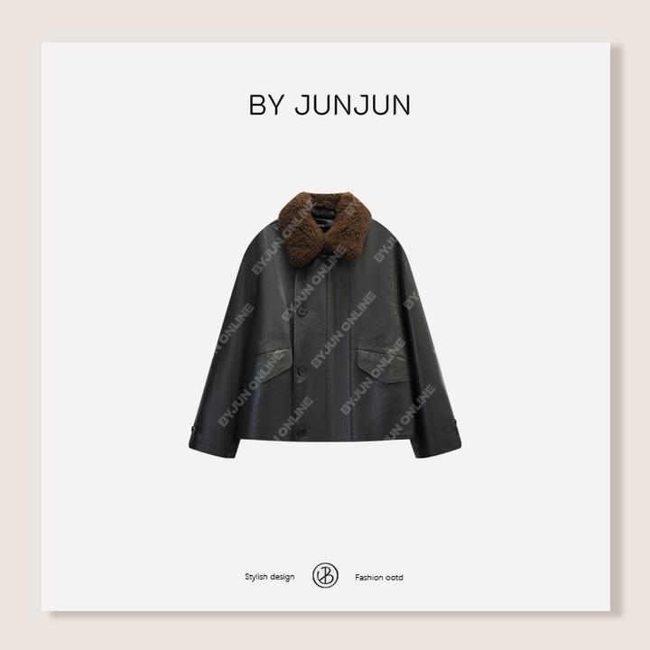 ByJunjun榛子生巧 意大利进口绵羊皮鹅绒服外套冬季保暖上衣