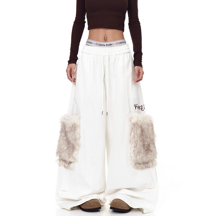 美式复古毛绒大口袋褶皱工装裤男女设计感宽松秋冬爵士舞阔腿裤