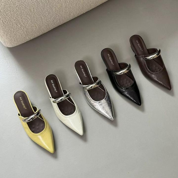 2025春新款增高金属扣法式包头半拖鞋女夏外穿坡跟尖头穆勒鞋凉拖