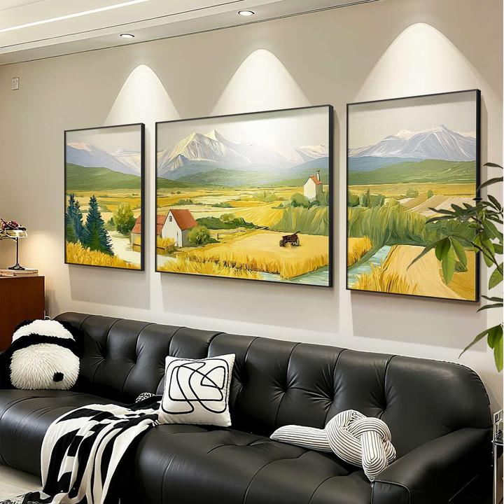 日照金山客厅装饰画沙发背景墙三联壁画背有靠山风景流水组合挂画