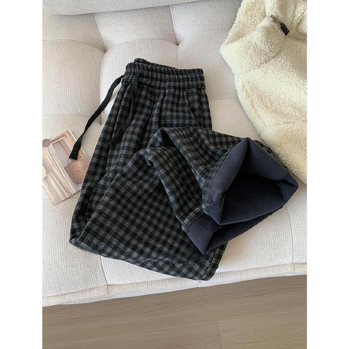 慵懒风格纹厚绒阔腿休闲裤女秋冬新款梨型身材宽松显瘦窄版直筒裤
