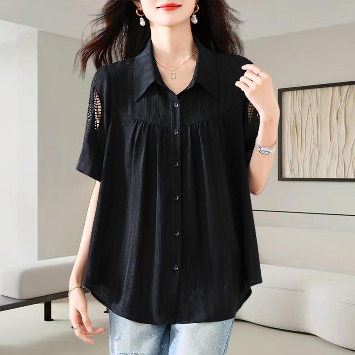 黑色翻领短袖衬衫女2025夏季新款洋气减龄宽松显瘦设计感镂空上衣