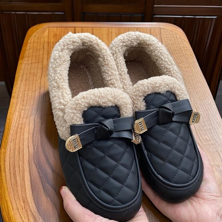 冬季女士棉鞋防水防滑一脚蹬豆豆鞋加绒加厚软底时尚保暖乐福鞋