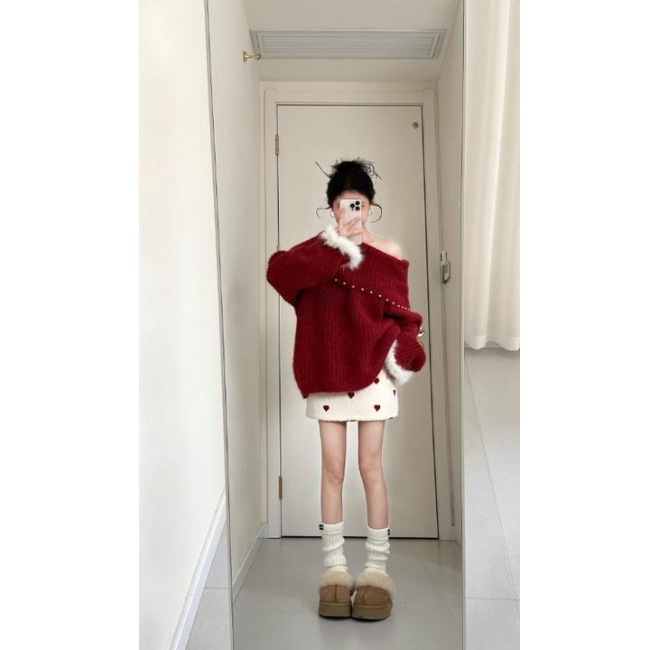 秋冬穿搭一整套韩系温柔风斜肩红色针织上衣高腰爱心半身裙两件套