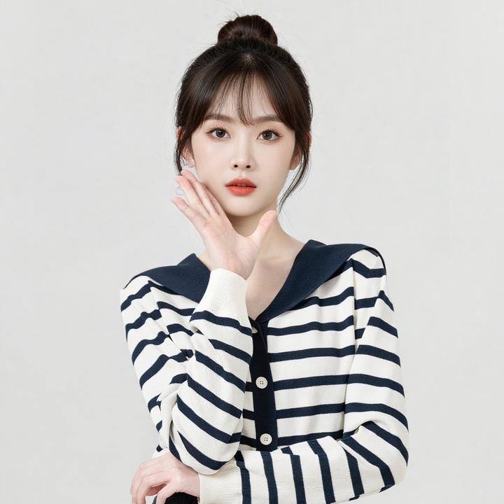 海军领长袖针织开衫女春秋2025新款设计感小众撞色薄款毛衣短上衣