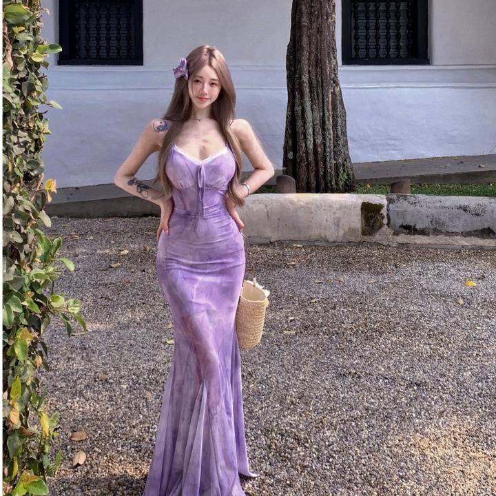 清冷感法式紫色蝴蝶印花吊带连衣裙女修身收腰包臀鱼尾裙长裙