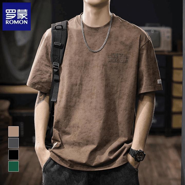 罗蒙重磅纯棉水洗复古美式短袖T恤男2025新款夏季宽松五分袖上衣