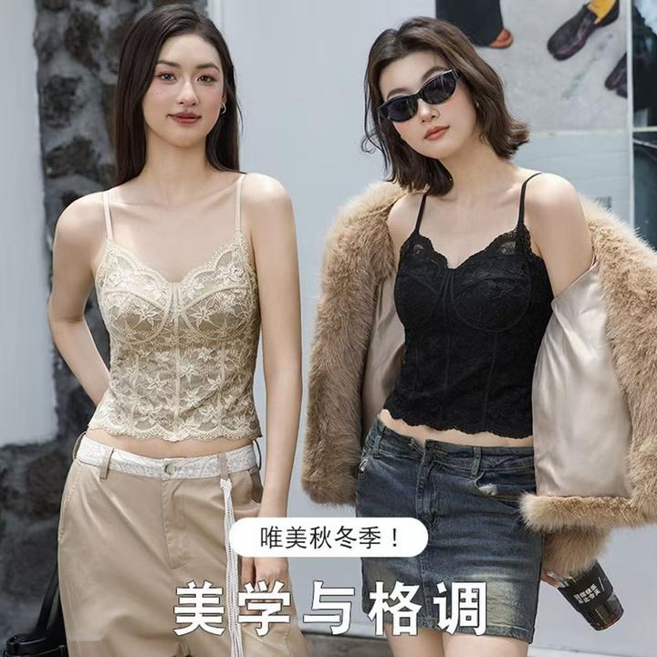 性感纯欲风鱼骨线蕾丝吊带背心内搭高质感带胸垫内衣秋冬打底吊带