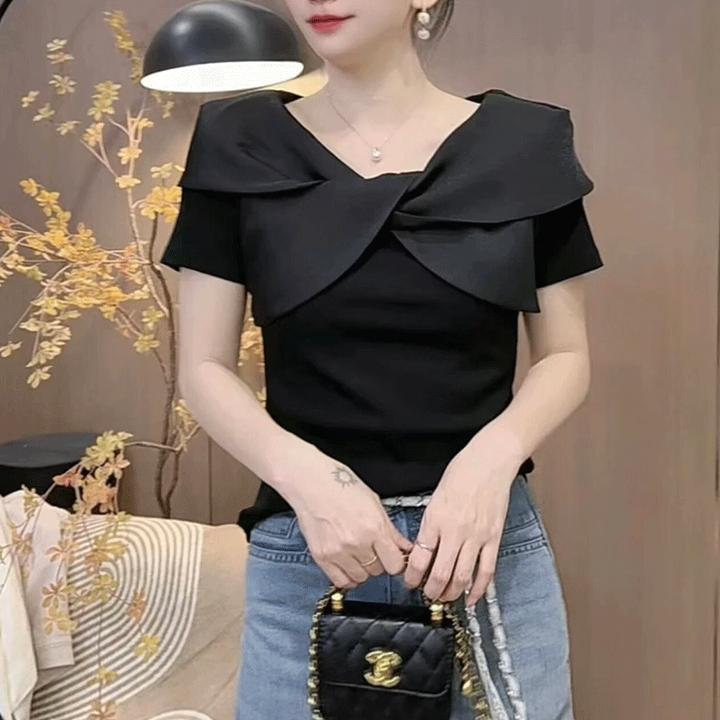 拉夏贝尔蝴蝶结短袖T恤女2025夏季新款韩版时尚感洋气百搭上衣潮