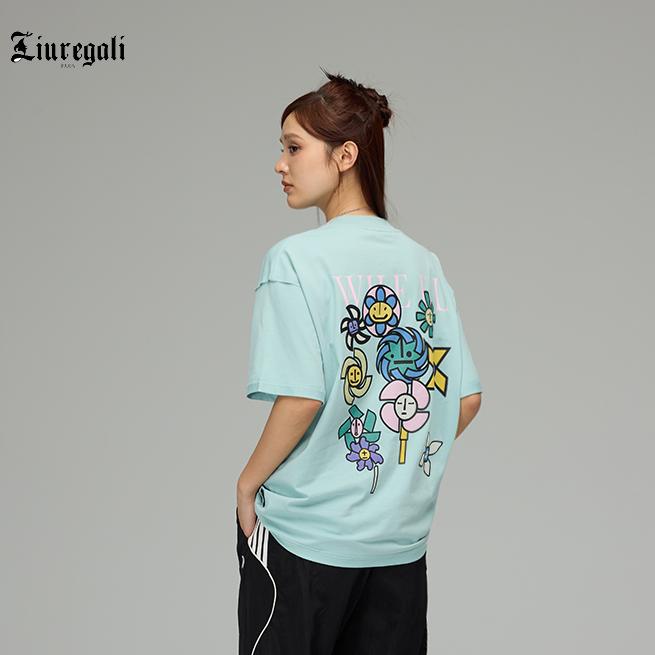 Liuregali短袖男女同款刺绣T恤彩色卡通印花反缝线夏季宽松ins风