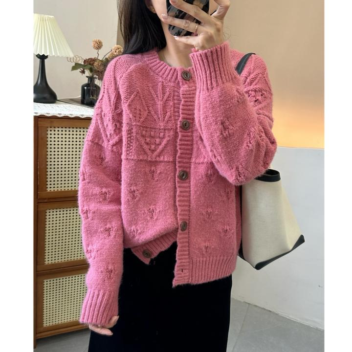 韩系重工钩花温柔设计感花边圆领针织开衫宽松慵懒风毛衣外套新厚