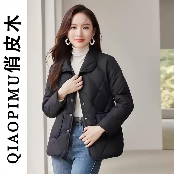 春秋新款翻领复古菱格短款棉衣时尚保暖棉服外套 (黑)